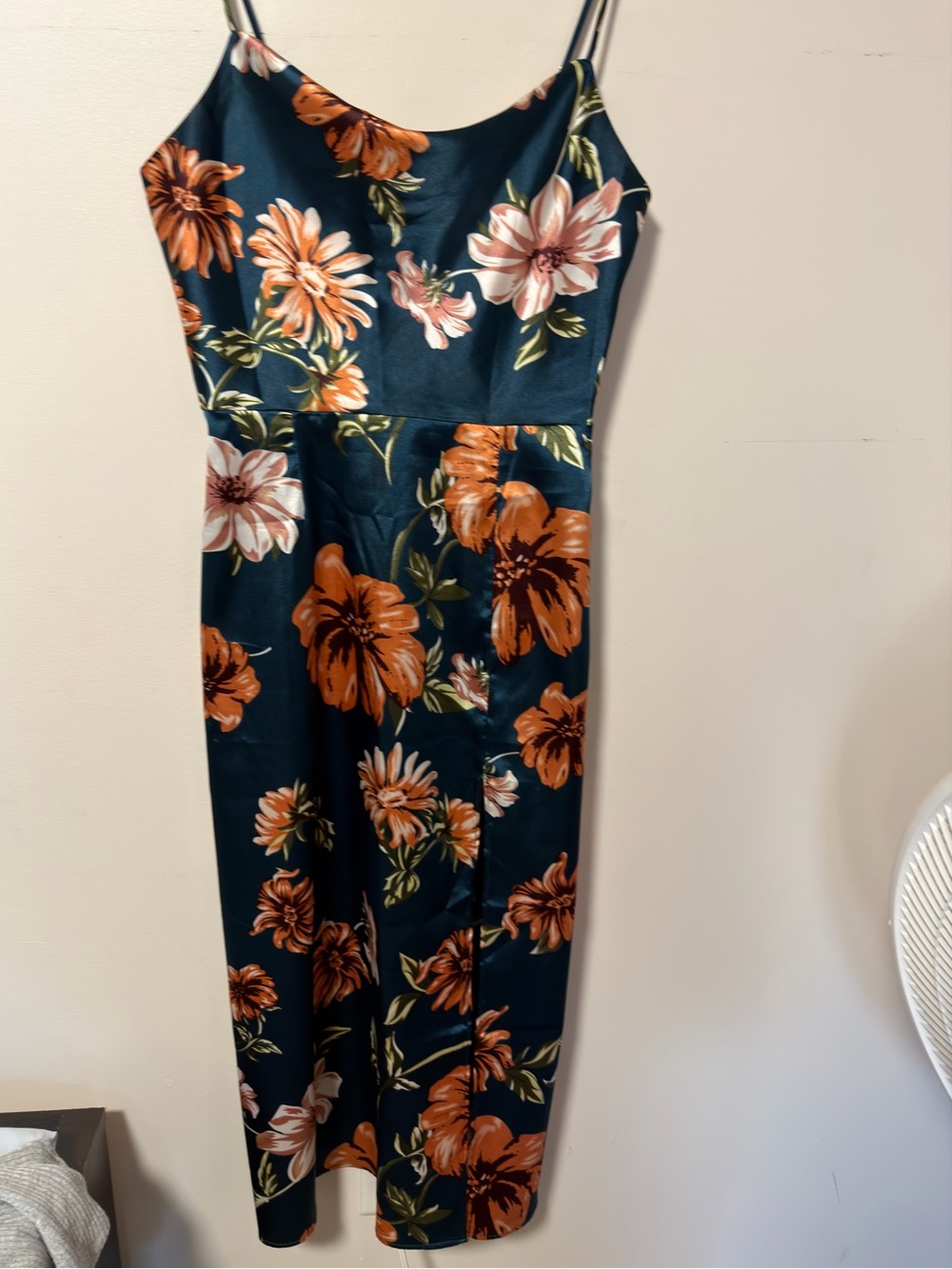 Floral Slip Cowl Neck Dress with Slit in Teal and Rust